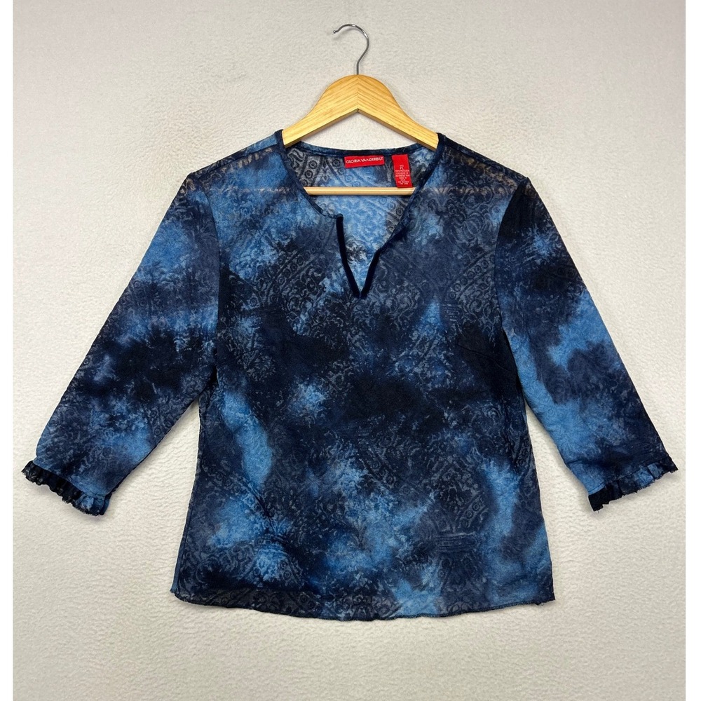 Boho Mesh Gloria Vanderbilt Women PL Blue Tie Dye Damask Blouse Artsy Indie